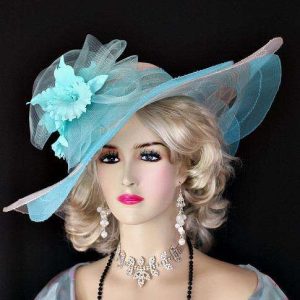 <META NAME='Women's Designer Hat In Turquoise Aqua Blue And White With Orchids For The Kentucky Derby. We Specialize In Church Hats