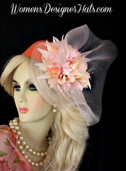 Orange Pink Cocktail Hat Vintage Inspired Bridal Women's Designer Hats