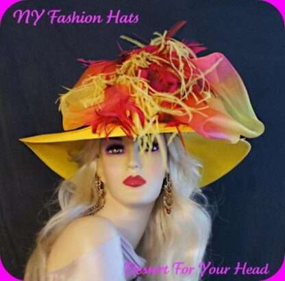 Women's Haute Couture Designer Fashion Hat, Yellow Hot Pink Large Brim Wedding Hat, 44hnb