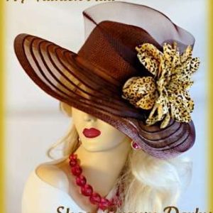 <META NAME="DESCRIPTION" CONTENT="Ladies Brown Wide Brim Fashion Hat Gold Brown Leopard Flower Tea Hats By www.NYFashionHats.Com - We sell brown designer hats with flowers