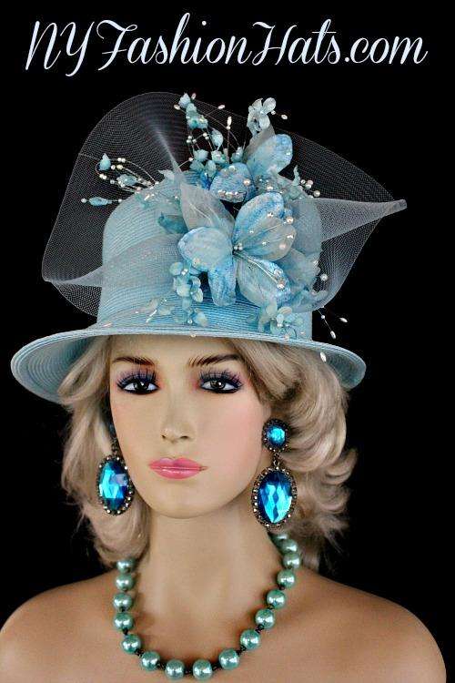 Soft Pastel Sky Blue Designer Wedding Church Hat Womans Formal Hats