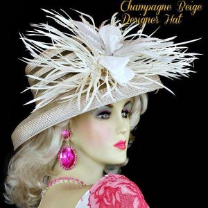 <META NAME="DESCRIPTION" CONTENT="Champagne Beige Designer Kentucky Derby Hat With Feathers Flower Hats By NY Fashion Hats. We sell tan dress hats for women