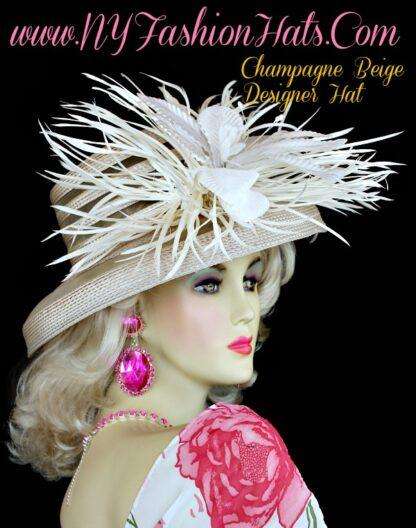 Champagne Beige Designer Kentucky Derby Hat With Feathers Flower Hats