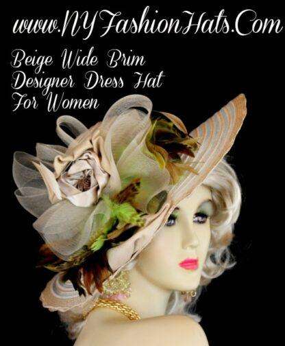 Women's Beige Designer Hat Satin Rosettes Lime Olive Brown Feathers