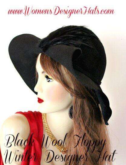 Black Winter Wool Floppy Brim Ladies Dress Hat Wide Lift Up Brim Hats