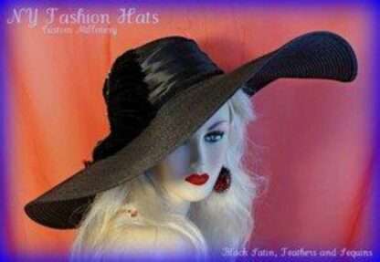 Black Wide Brim Church Horseracing Hat Ladies Designer Hats 4RGB