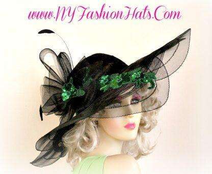 Kentucky Derby Hat For Women Black Kelly Green, Couture Designer Hat Wedding Dress Formal, Hats For Horse Races "Gina"