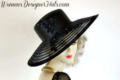 Luxury Black Couture Wide Brim Designer Hat, Hats For Horse Races, Wedding Church Formal Hat, Jane