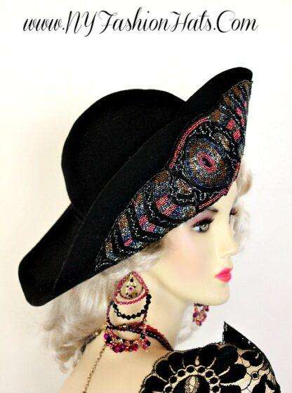 Black Winter Wool Vintage Style Beaded Formal Designer Fashion Hat, G555Y