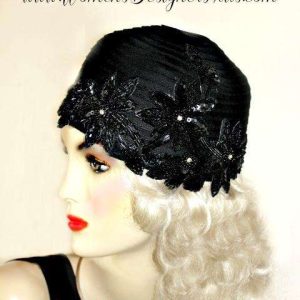 <META NAME='Ladies Black Custom Made Satin Braid Cloche Flapper Designer Fashion Hat. This Dress Hat Is Custom Made By Women's Designer Hats. We Specialize In Wedding Hats
