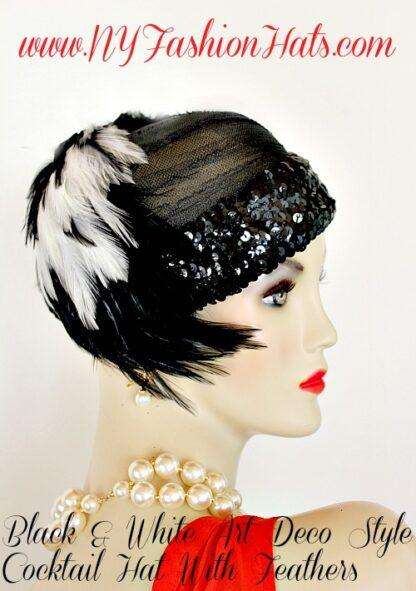 Ladies Black White Flapper Deco Feather Cocktail Hat, NY Fashion Hats