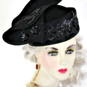 <META NAME='Ladies Black Custom Made Winter Wool Shaped Pillbox Designer Fashion Hat. This Dress Hat Is Custom Made By Women's Designer Hats. We Specialize In Wedding Hats