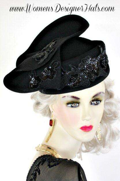 Women's Black Wool Winter Pillbox Formal Hat, Temple Church Hats, Couture Statement Hat Races, Liza