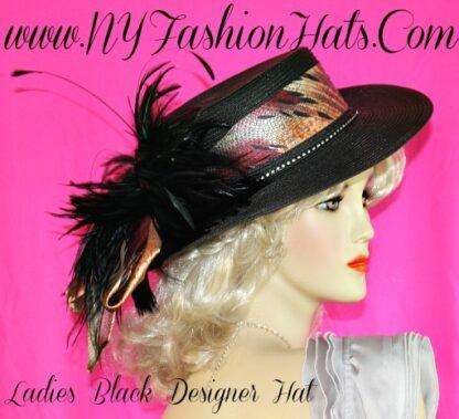 Ladies Black Designer Special Occasion Formal Hat With Feathers NY Fashion Hats, Hats For Horse Races