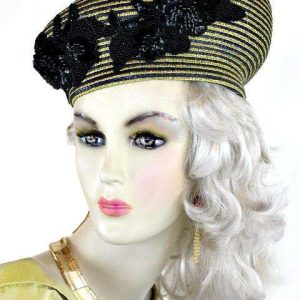 <META NAME="DESCRIPTION" CONTENT="Metallic Gold And Black Art Deco Cocktail Pillbox Hat For Women. This 1920s Flapper Inspired Dress Hat Is Custom Made By Women's Designer Hats. We Specialize In Wedding Hats