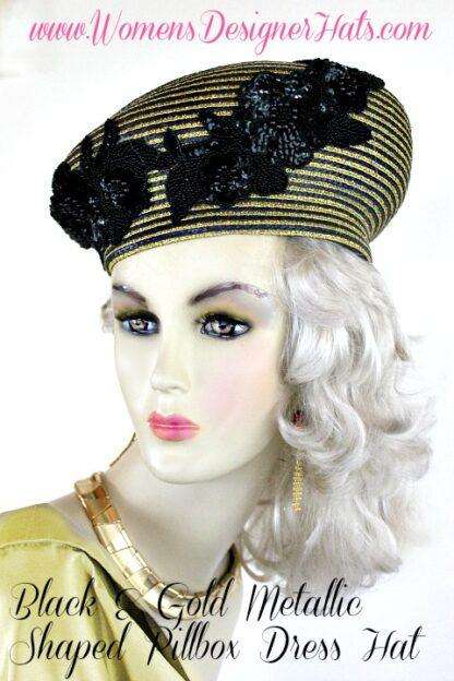 Metallic Black And Gold Cocktail Pillbox Hat, Art Deco Designer Hats