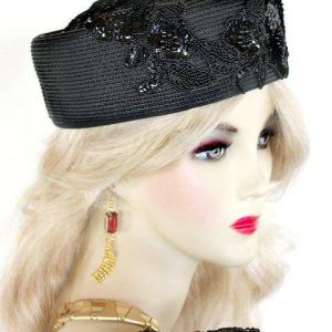 <META NAME="DESCRIPTION" CONTENT="Ladies Black Custom Made Pillbox Designer Fashion Hat. This Dress Hat Is Custom Made By Women's Designer Hats. We Specialize In Wedding Hats
