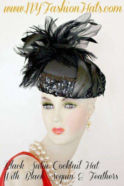 Ladies Black Satin Designer Cocktail Dress Hat, NY Fashion Hats