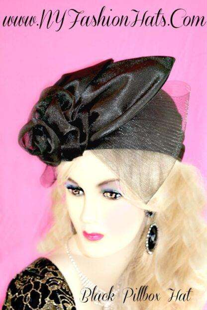 Black Satin Poly Straw Pillbox Fashion Hat For Women