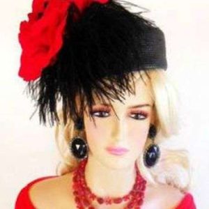 <META NAME="DESCRIPTION" CONTENT="Ladies Black Red Pillbox Designer Hat Flowers Feathers Dress Hats 3C By www.NYFashionHats.Com - We sell beautiful black pillbox hats for women of style
