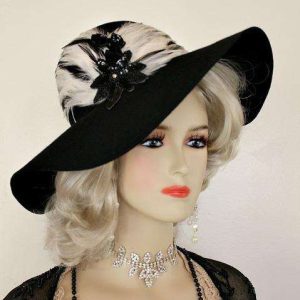 <META NAME='Black Floppy Wide Brim Art Deco 1920's Flapper Inspired Designer Fashion Hat With Black And White Feathers And A Black Sequin Rhinestone Applique. This Dress Hat Is Custom Made By Women's Designer Hats. We Specialize In Wedding Hats