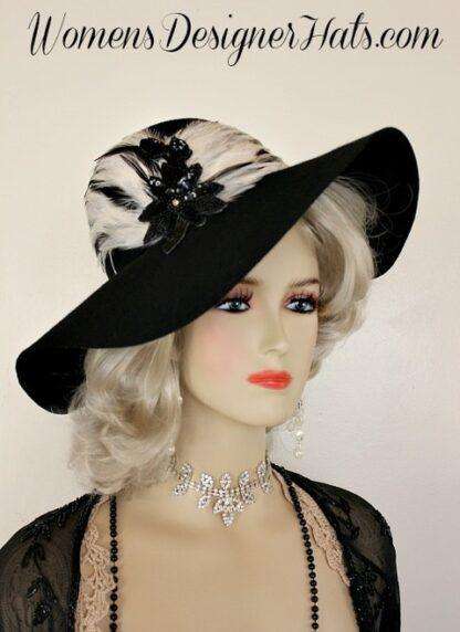 Women's Black Designer Hat With Black White Feathers, Winter Wool Hats