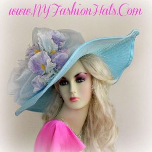<META NAME="DESCRIPTION" CONTENT="Pastel Blue Lavender Wide Brim Hat With Lavender Flowers Ladies Hats By www.NYFashionHats.Com - We sell turquoise blue designer hats for women with flowers