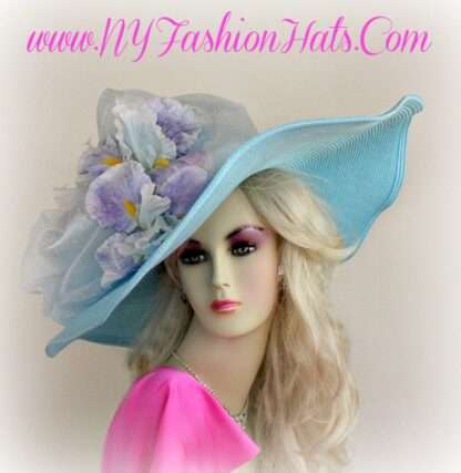 Women's Pastel Blue Soft Purple Large Brim Hat For Horse Races, Wedding Bridal Hats, H8H84