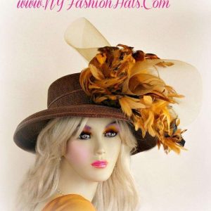 <META NAME="DESCRIPTION" CONTENT="Ladies Brown Designer Kentucky Derby Hat With Mustard Yellow Feathers By www.NYFashionHats.Com - We sell brown designer Church hats for women