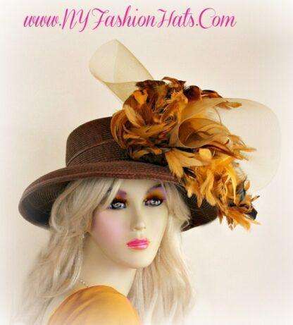 Brown Mustard Yellow Couture Designer Hat For Women, Motf Fashions Hats NYDesignerHats Emma