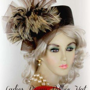 <META NAME="DESCRIPTION" CONTENT="Brown Beige Tiger Feather Pillbox Hat For Women
