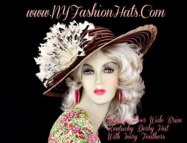 Brown Beige Dress Hat For Women With Ivory Feathers NY Fashion Hats