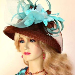 <META NAME="DESCRIPTION" CONTENT="Chocolate Brown Designer Fashion Straw Hat With Aqua And Turquoise Orchids Flowers. This Dress Hat Is Custom Made By Women's Designer Hats. We Specialize In Kentucky Derby Hats