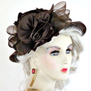 <META NAME="DESCRIPTION" CONTENT="Ladies Brown Wide Brim Designer Fashion Church Hat With A Brown Satin Bow And Flowers. This Dress Hat Is Custom Made By Women's Designer Hats. We Specialize In Wedding Hats
