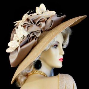<META NAME="DESCRIPTION" CONTENT="Kentucky Derby Hats Camel Beige Velvet Flowers Hat NY Fashion Hats - We sell camel beige wide brim Church hats for women