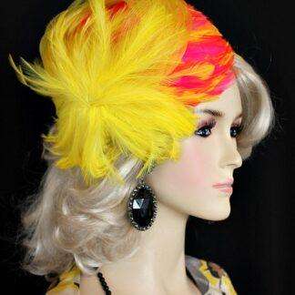 <META NAME="DESCRIPTION" CONTENT="Ladies Lemon Yellow Hot Pink 1920s Flapper Cocktail Cloche Pillbox Hat By Women's Designer Hats. We specialize in 1930's cocktail hats with feathers