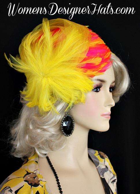 Cocktail Hat Lemon Yellow Hot Pink Flapper, Women's Designer Hats