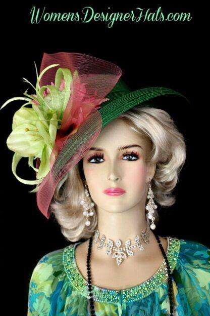 Emerald Lime Green Pink Lilie Flower Kentucky Derby Hat Designer Hats