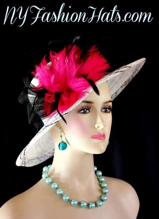 White Black Hot Pink Kentucky Derby Hat Women's Wedding Church Hats