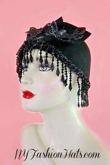 Old Hollywood Black Wool Flapper Art Deco Celebrity Hat Headpiece Hats