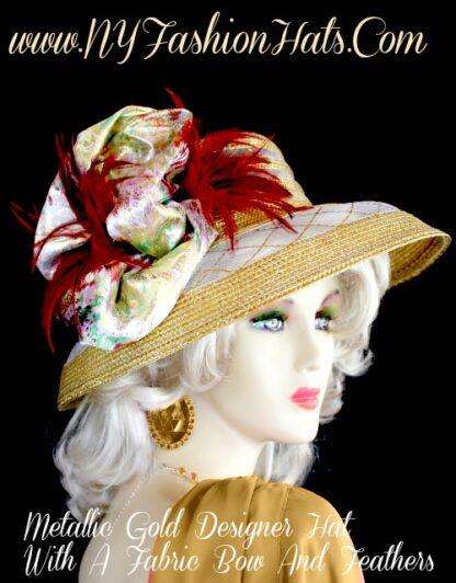 Women's Metallic Gold Designer Dress Hat For Church Or Holidays