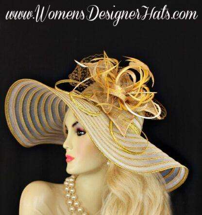 White Metallic Gold Wide Brim Designer Fashion Hat, Women's Dress Hats