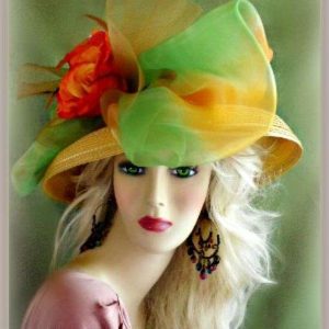 <META NAME="DESCRIPTION" CONTENT="Gold Orange Lime Green Dressy Ladies Church Hat Designer Hats 8HTZ By www.NYFashionHats.Com - We sell ladies dressy gold hats with flowers and roses for horse racing and the Kentucky Derby