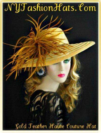 Women's Gold Wide Brim Church Dress Hat With Feathers Tea Hats M09