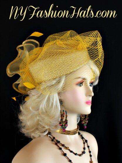 Metallic Gold Designer Pillbox Fashion Hat Women Wedding Formals Hats