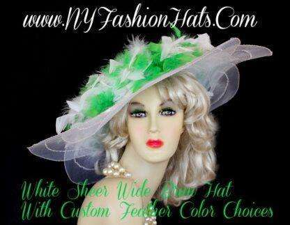 White Lime Green Kentucky Derby Hat, Hats For Horse Races, Wedding Bridal Large Brim Hats Lilya