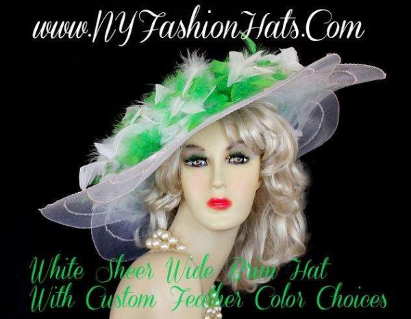 White Lime Green Kentucky Derby Hat, Hats For Horse Races, Wedding Bridal Large Brim Hats Lilya