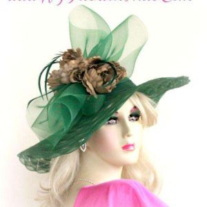 <META NAME="DESCRIPTION" CONTENT="Women's Emerald Green Designer Hat With Brown Cabbage Roses Flowers By www.NYFashionHats.Com - We sell women's emerald green Kentucky Derby hats