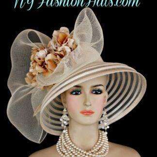 <META NAME="DESCRIPTION" CONTENT="Ladies Ivory Beige Wide Sheer Brimmed Designer Hat Kentucky Derby Dress Hats With Flowers By NY Fashion Hats. We specialize in Church hats
