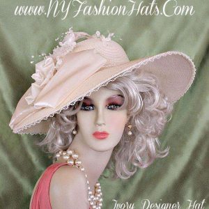 <META NAME="DESCRIPTION" CONTENT="Ladies Ivory Wide Brim Designer Hat With A Satin Bow Flowers Beads By www.NYFashionHats.Com - We sell ivory formal hats for weddings